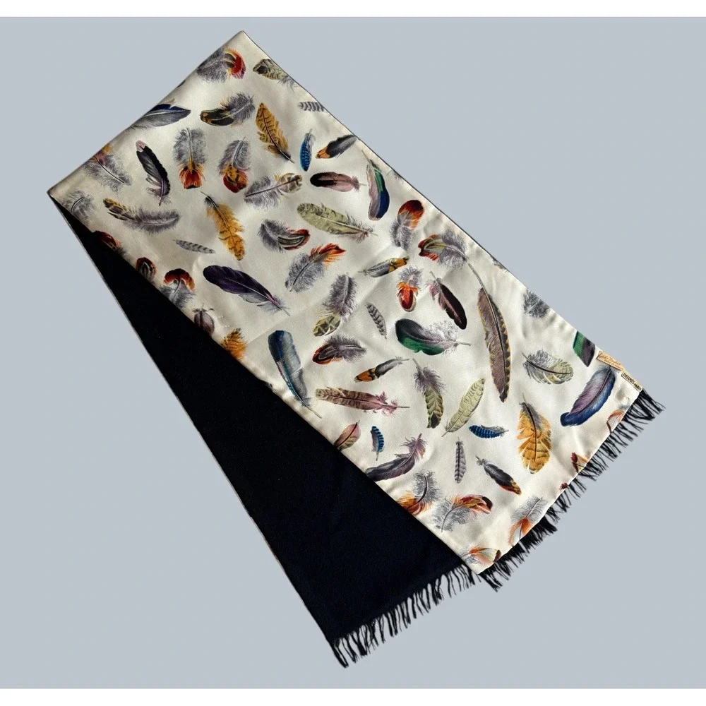 Hermès Feather Plume Print Silk & Cashmere Double-Sided Stole Scarf Vintage 90's